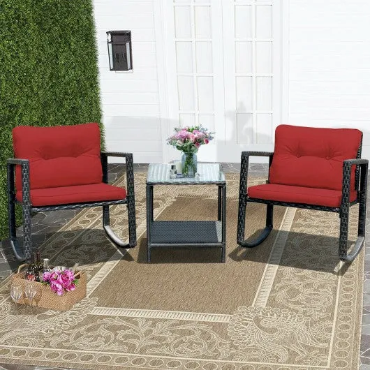 3 Pcs Patio Rattan Set Rocking Chair Cushioned Sofa Garden Furniture-Red
