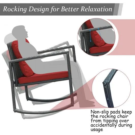 3 Pcs Patio Rattan Set Rocking Chair Cushioned Sofa Garden Furniture-Red