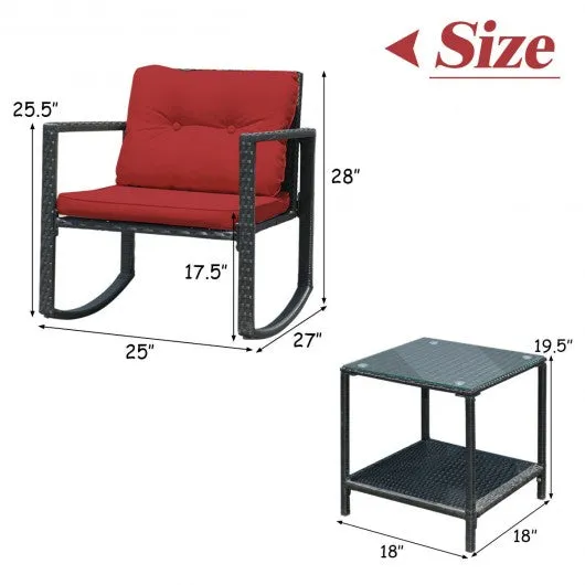 3 Pcs Patio Rattan Set Rocking Chair Cushioned Sofa Garden Furniture-Red