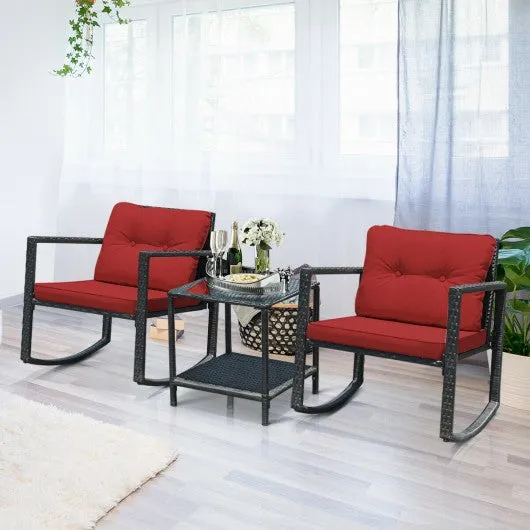 3 Pcs Patio Rattan Set Rocking Chair Cushioned Sofa Garden Furniture-Red