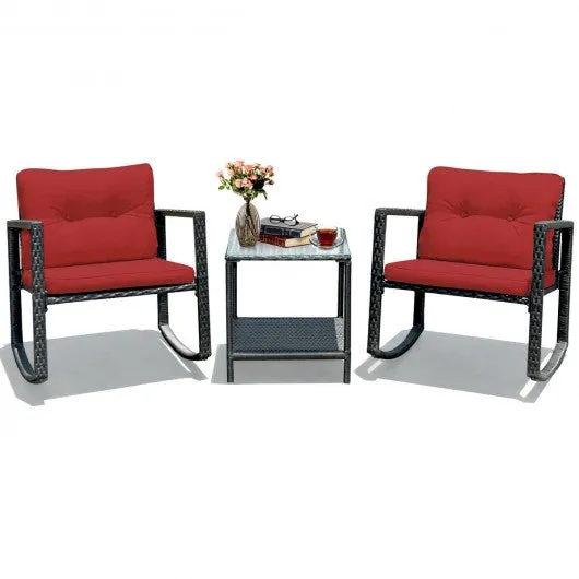 3 Pcs Patio Rattan Set Rocking Chair Cushioned Sofa Garden Furniture-Red