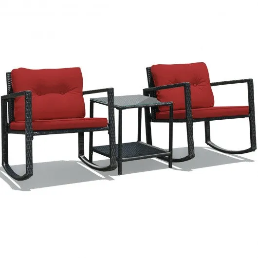 3 Pcs Patio Rattan Set Rocking Chair Cushioned Sofa Garden Furniture-Red