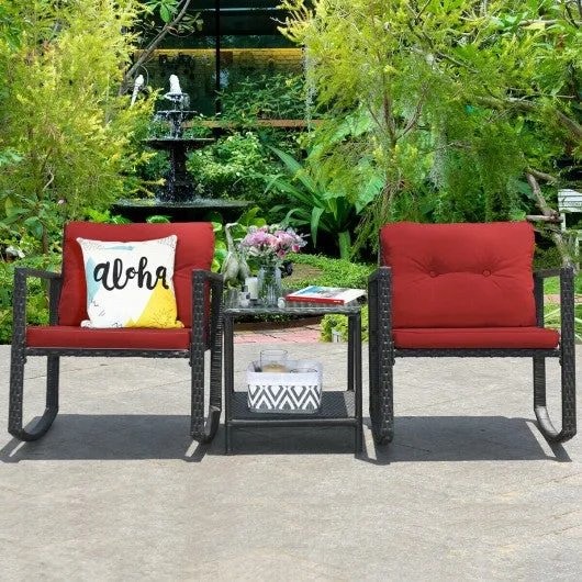 3 Pcs Patio Rattan Set Rocking Chair Cushioned Sofa Garden Furniture-Red