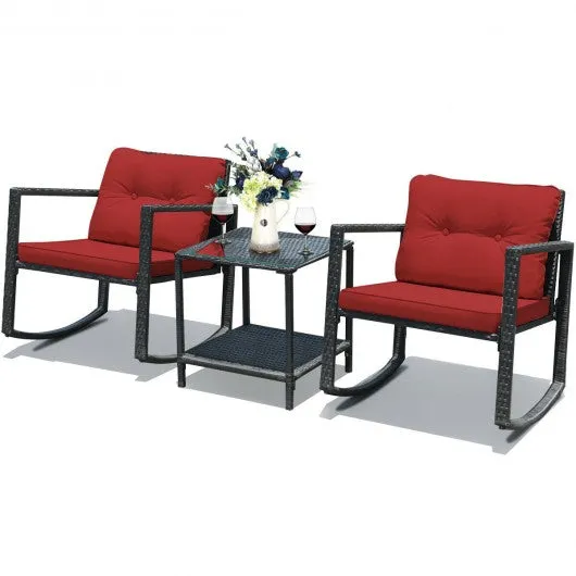 3 Pcs Patio Rattan Set Rocking Chair Cushioned Sofa Garden Furniture-Red