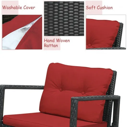 3 Pcs Patio Rattan Set Rocking Chair Cushioned Sofa Garden Furniture-Red