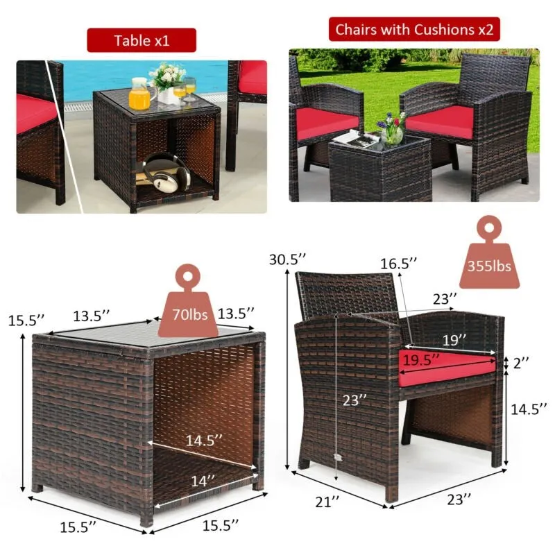 3pc Wicker Rattan Patio Furniture Set with Coffee Table - Red