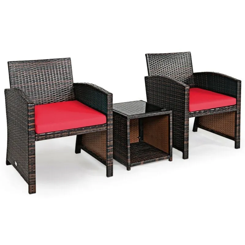 3pc Wicker Rattan Patio Furniture Set with Coffee Table - Red
