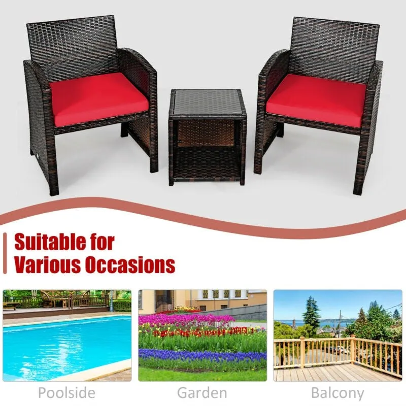 3pc Wicker Rattan Patio Furniture Set with Coffee Table - Red