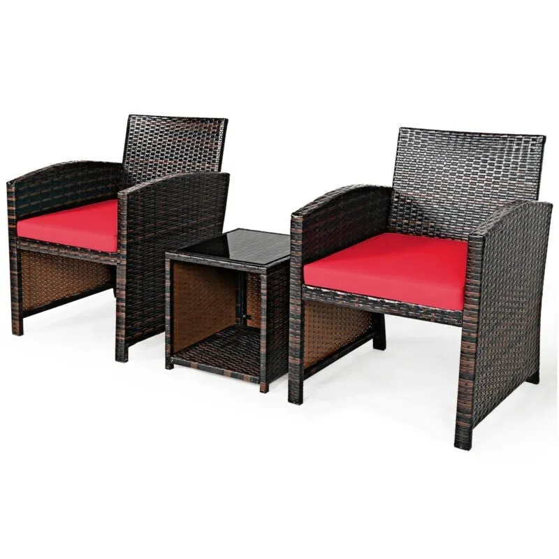 3pc Wicker Rattan Patio Furniture Set with Coffee Table - Red