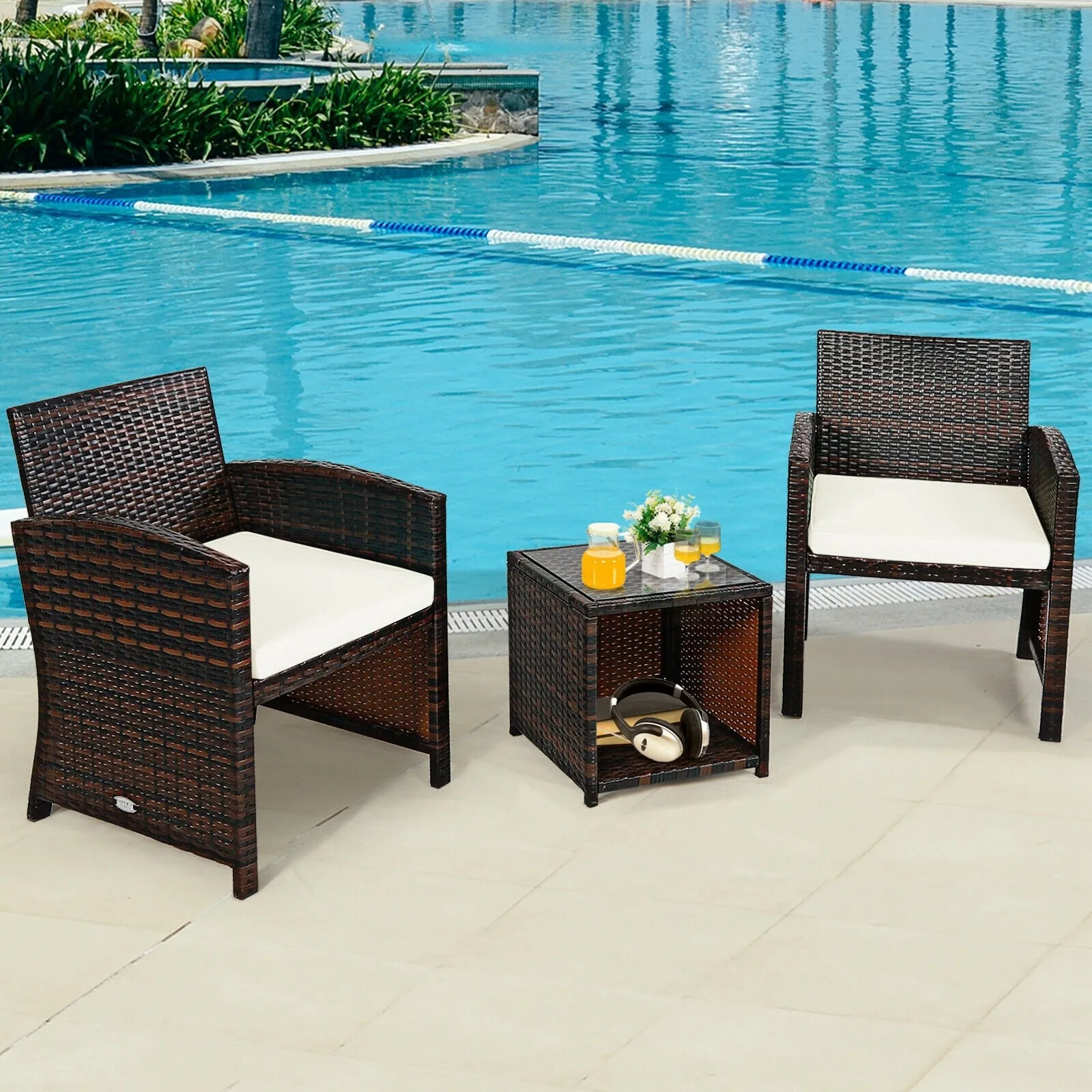 3pc Wicker Rattan Patio Furniture Set with Coffee Table - White