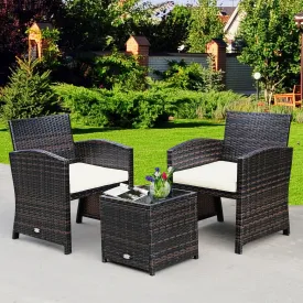 3pc Wicker Rattan Patio Furniture Set with Coffee Table - White