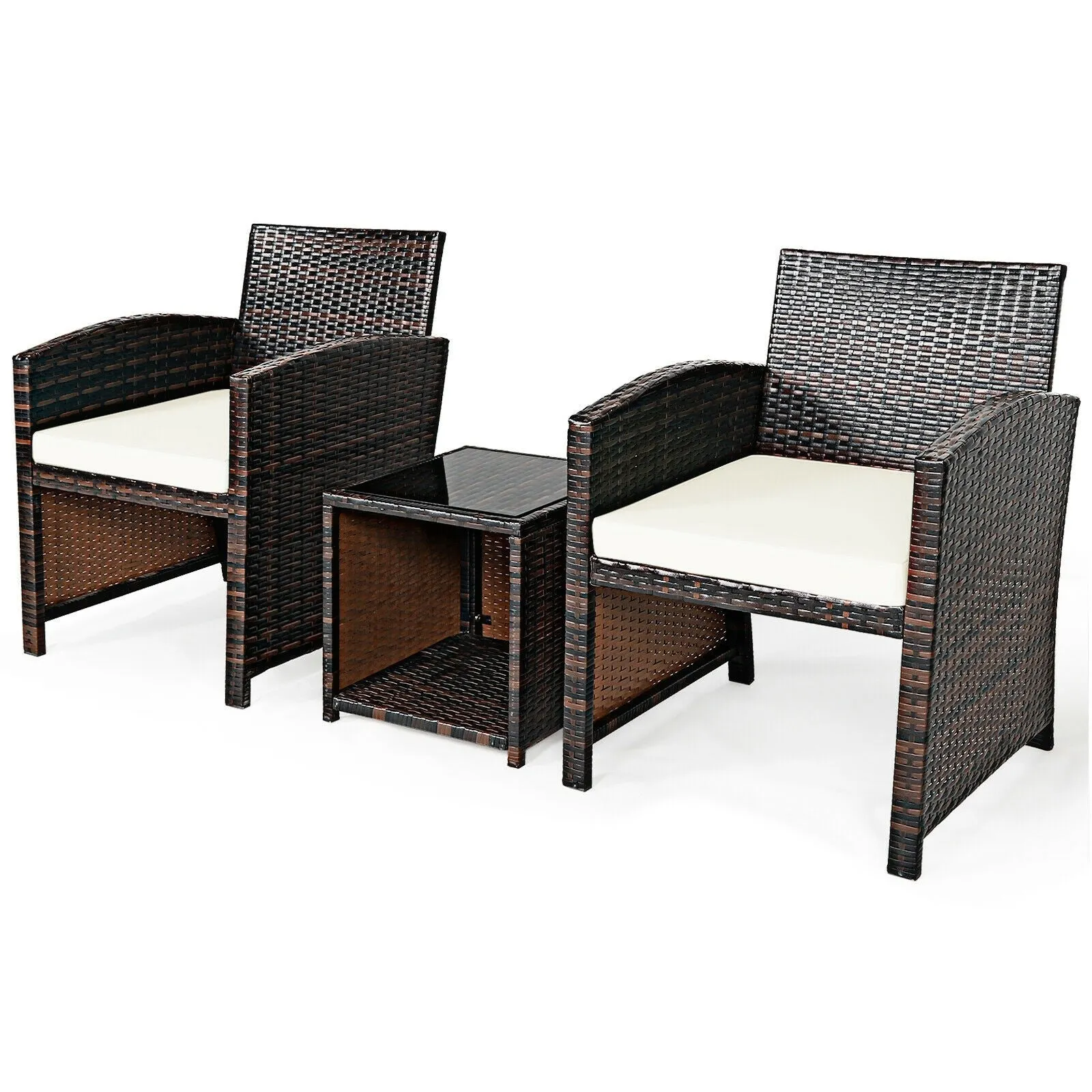 3pc Wicker Rattan Patio Furniture Set with Coffee Table - White