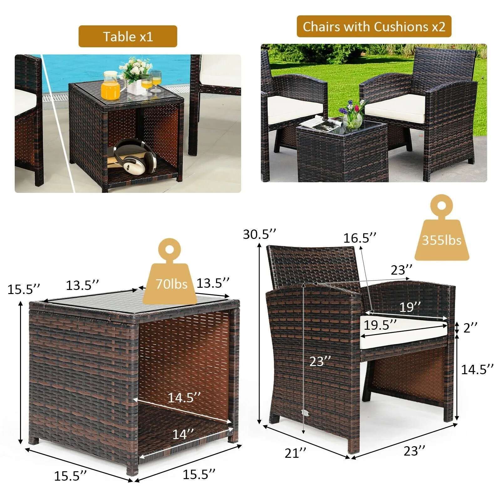 3pc Wicker Rattan Patio Furniture Set with Coffee Table - White