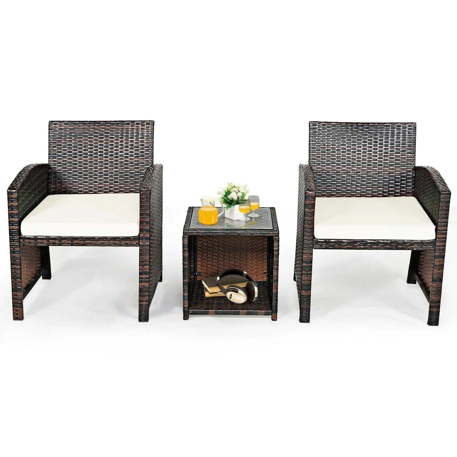 3pc Wicker Rattan Patio Furniture Set with Coffee Table - White