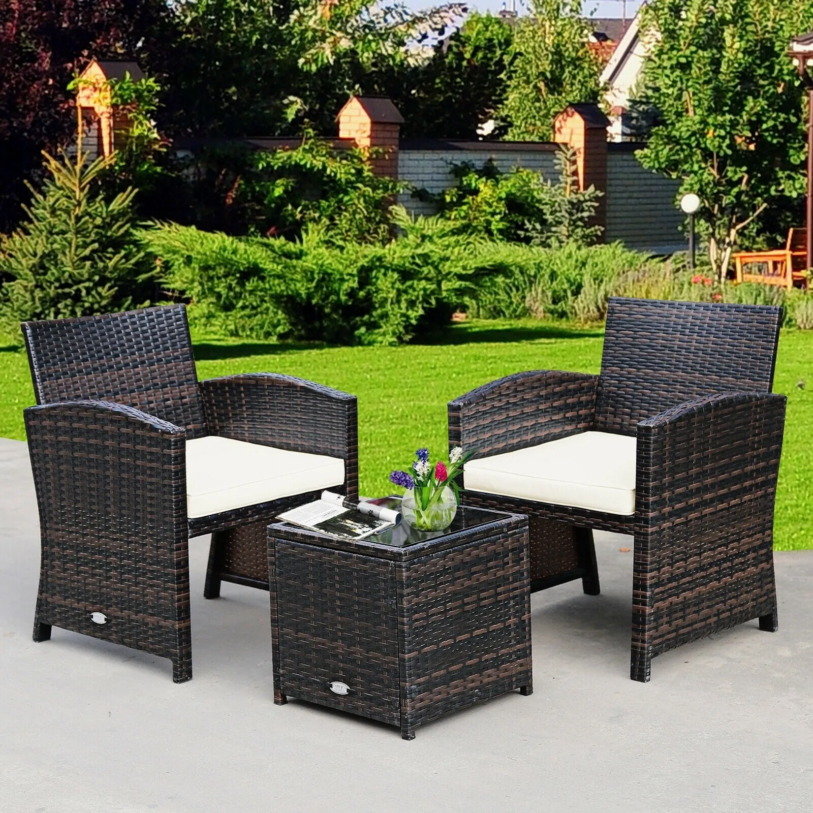 3pc Wicker Rattan Patio Furniture Set with Coffee Table - White