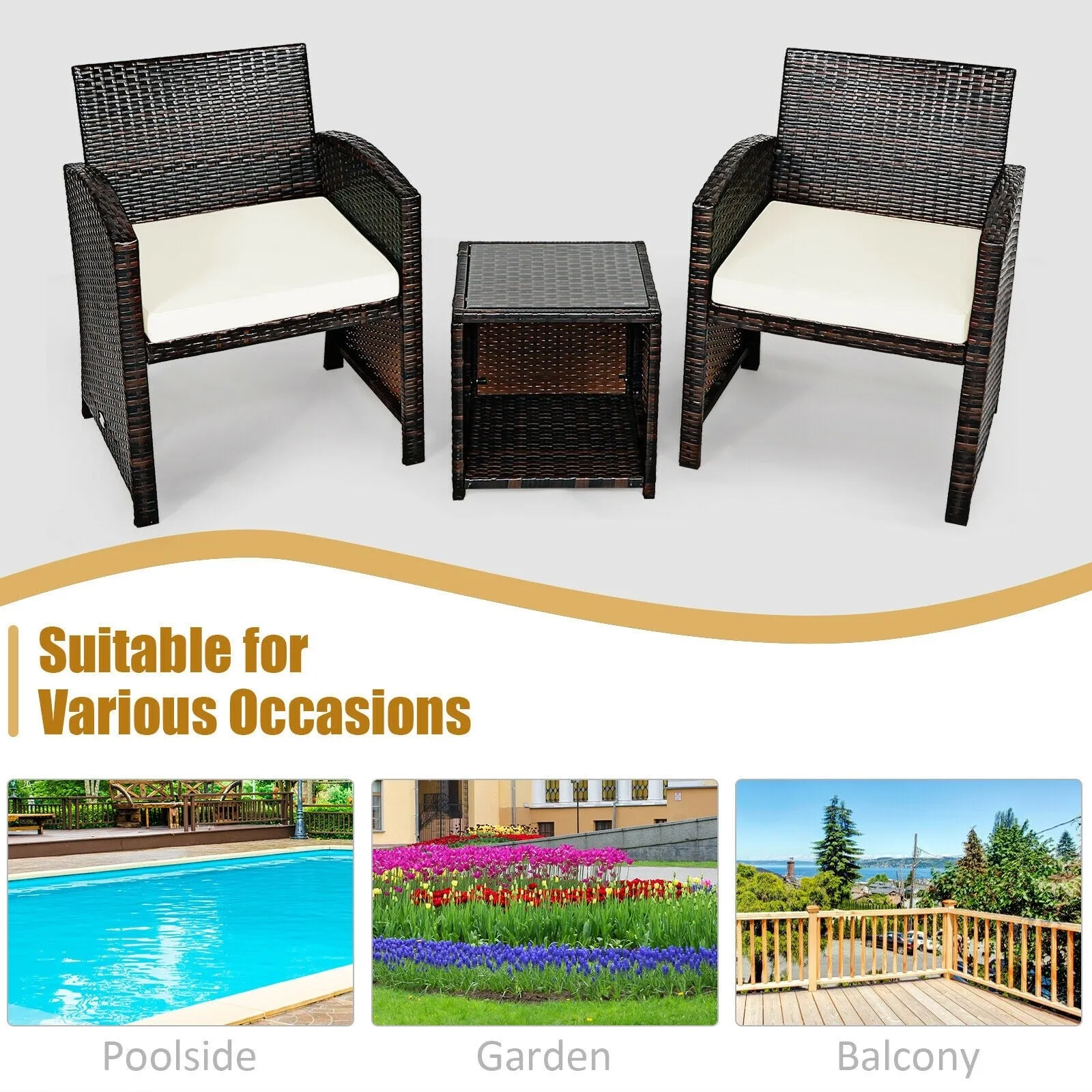 3pc Wicker Rattan Patio Furniture Set with Coffee Table - White