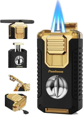 5-in-1 Torch Lighter with V Cutter, Punch, Holder, Draw Enhancer Tool, and Triple Windproof Jet Flames, Butane Lighter with Gift Box, Cool Accessories for Men (Butane not Included)