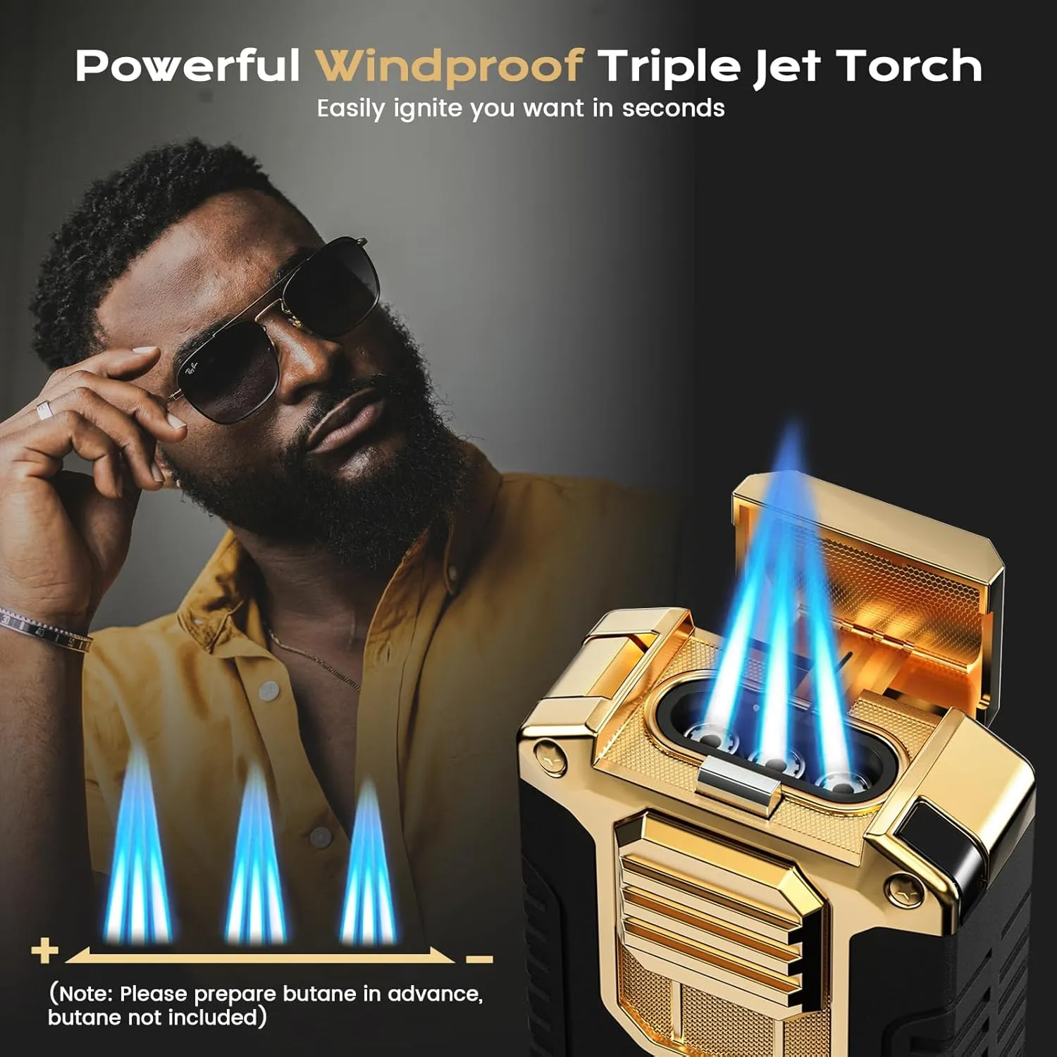 5-in-1 Torch Lighter with V Cutter, Punch, Holder, Draw Enhancer Tool, and Triple Windproof Jet Flames, Butane Lighter with Gift Box, Cool Accessories for Men (Butane not Included)