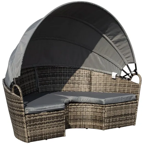 5 PCS Outdoor Plastic Rattan Round Sofa Bed W/ Coffee Table Set - Grey