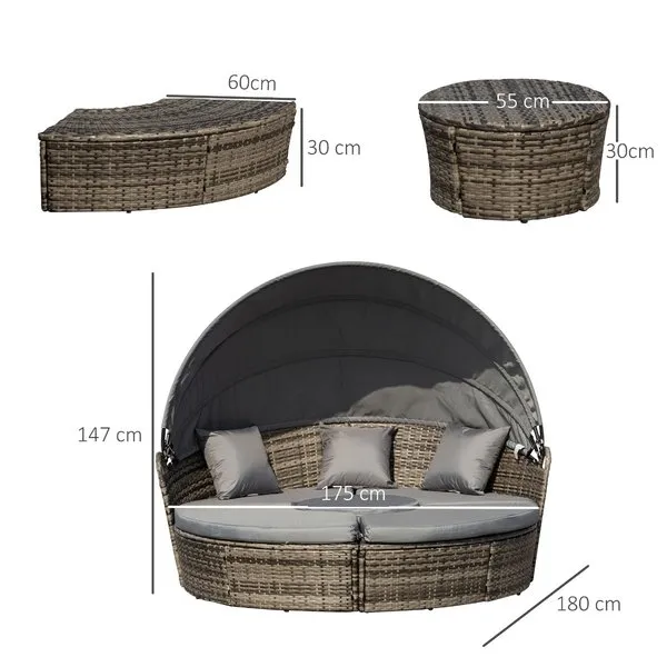 5 PCS Outdoor Plastic Rattan Round Sofa Bed W/ Coffee Table Set - Grey