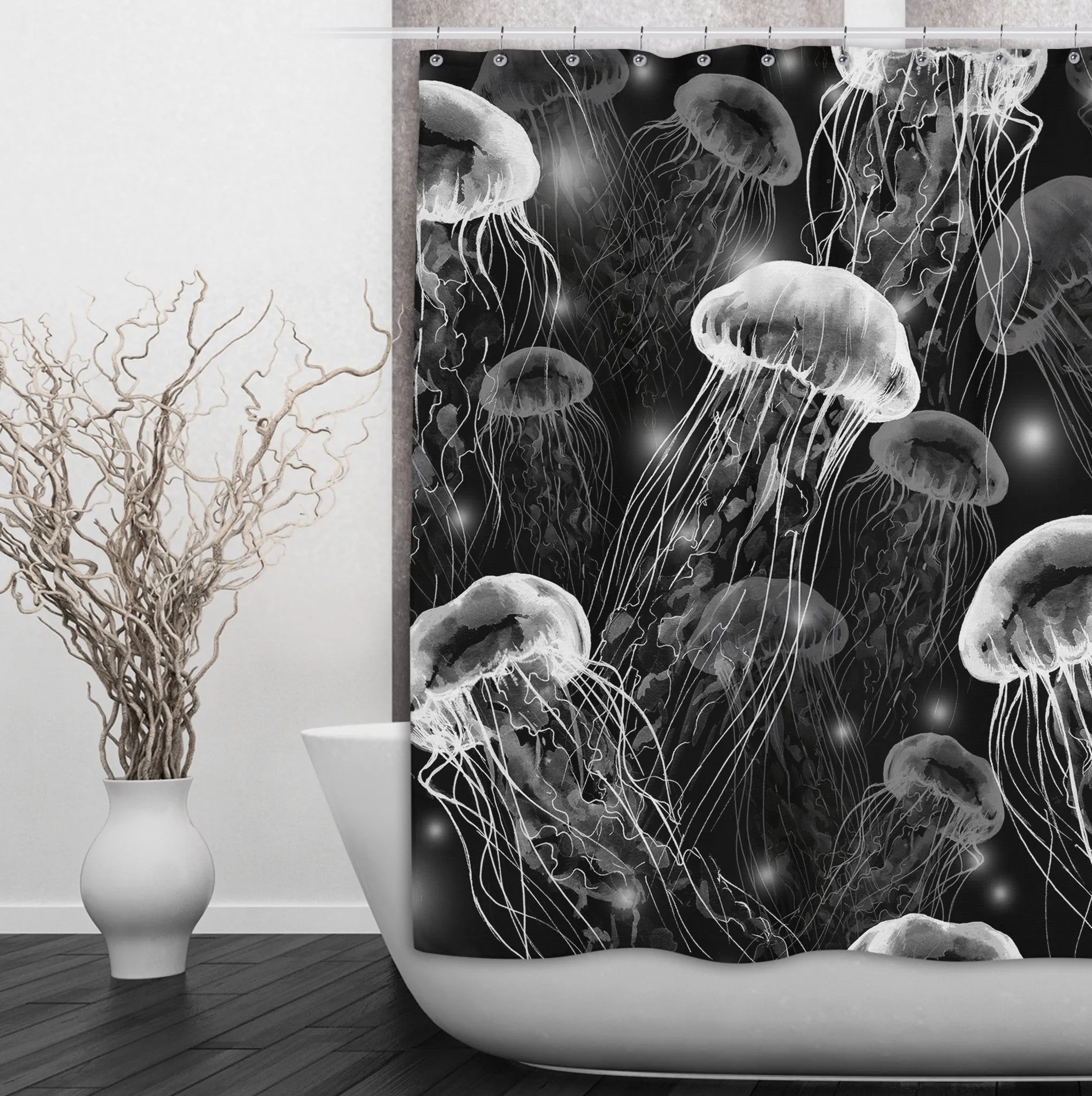 Black and White Jellyfish Shower Curtains and Optional Bath Mats