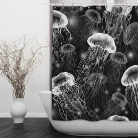 Black and White Jellyfish Shower Curtains and Optional Bath Mats