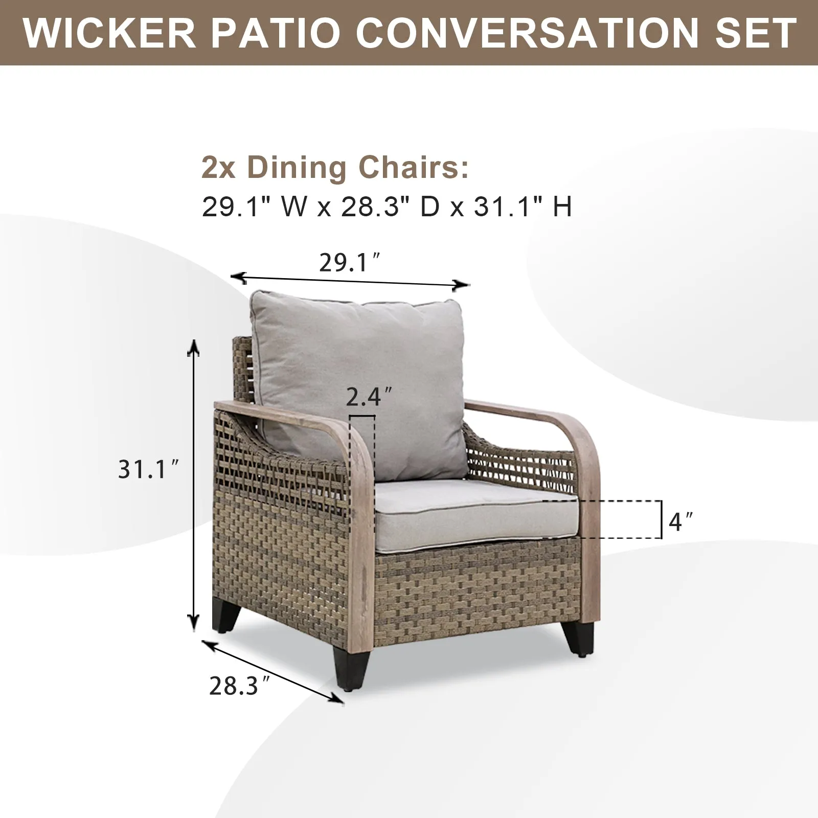 EAGLE PEAK 2 Piece Wicker Outdoor Chairs with Cushions, Patio Chairs, Deep Seating 4 inch Cushions, PE Rattan Curved Armrest Porch Chair, Brown/Gray