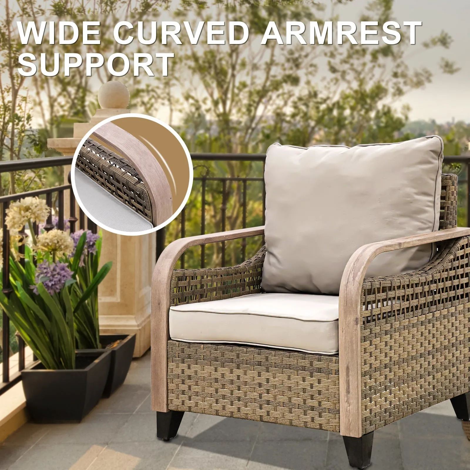 EAGLE PEAK 2 Piece Wicker Outdoor Chairs with Cushions, Patio Chairs, Deep Seating 4 inch Cushions, PE Rattan Curved Armrest Porch Chair, Brown/Gray