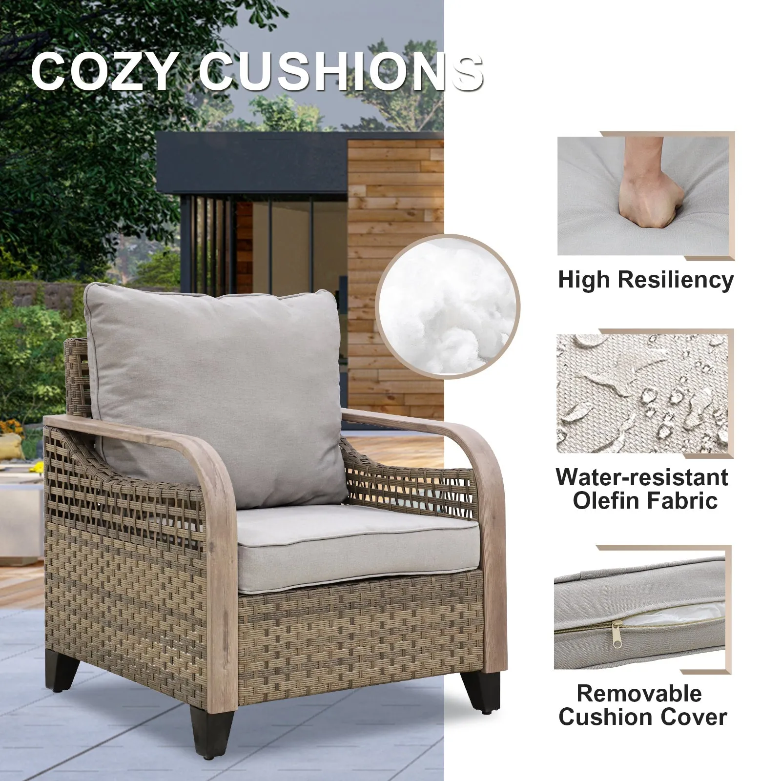 EAGLE PEAK 2 Piece Wicker Outdoor Chairs with Cushions, Patio Chairs, Deep Seating 4 inch Cushions, PE Rattan Curved Armrest Porch Chair, Brown/Gray