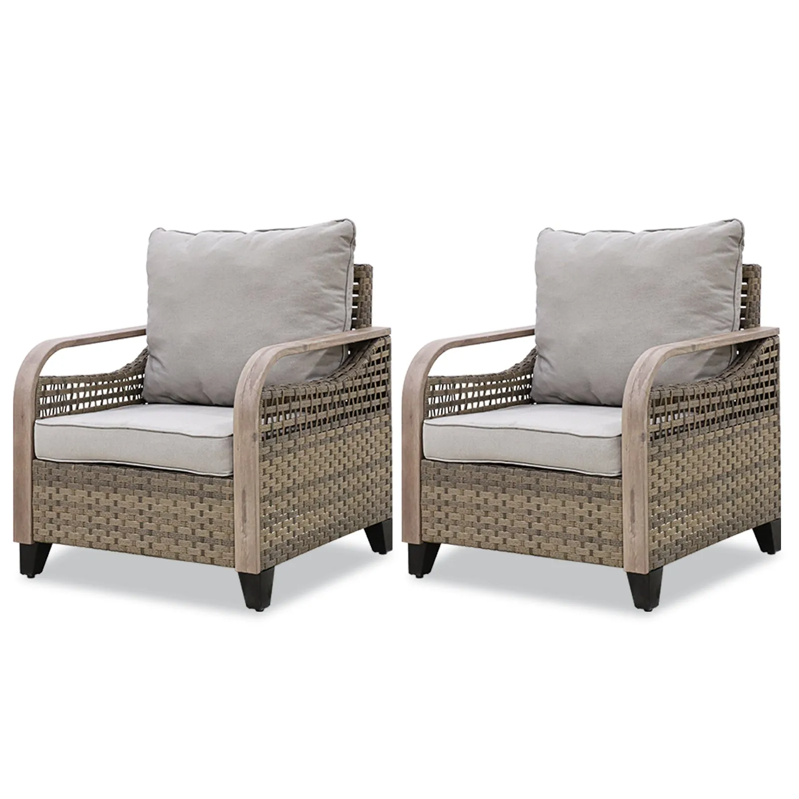 EAGLE PEAK 2 Piece Wicker Outdoor Chairs with Cushions, Patio Chairs, Deep Seating 4 inch Cushions, PE Rattan Curved Armrest Porch Chair, Brown/Gray