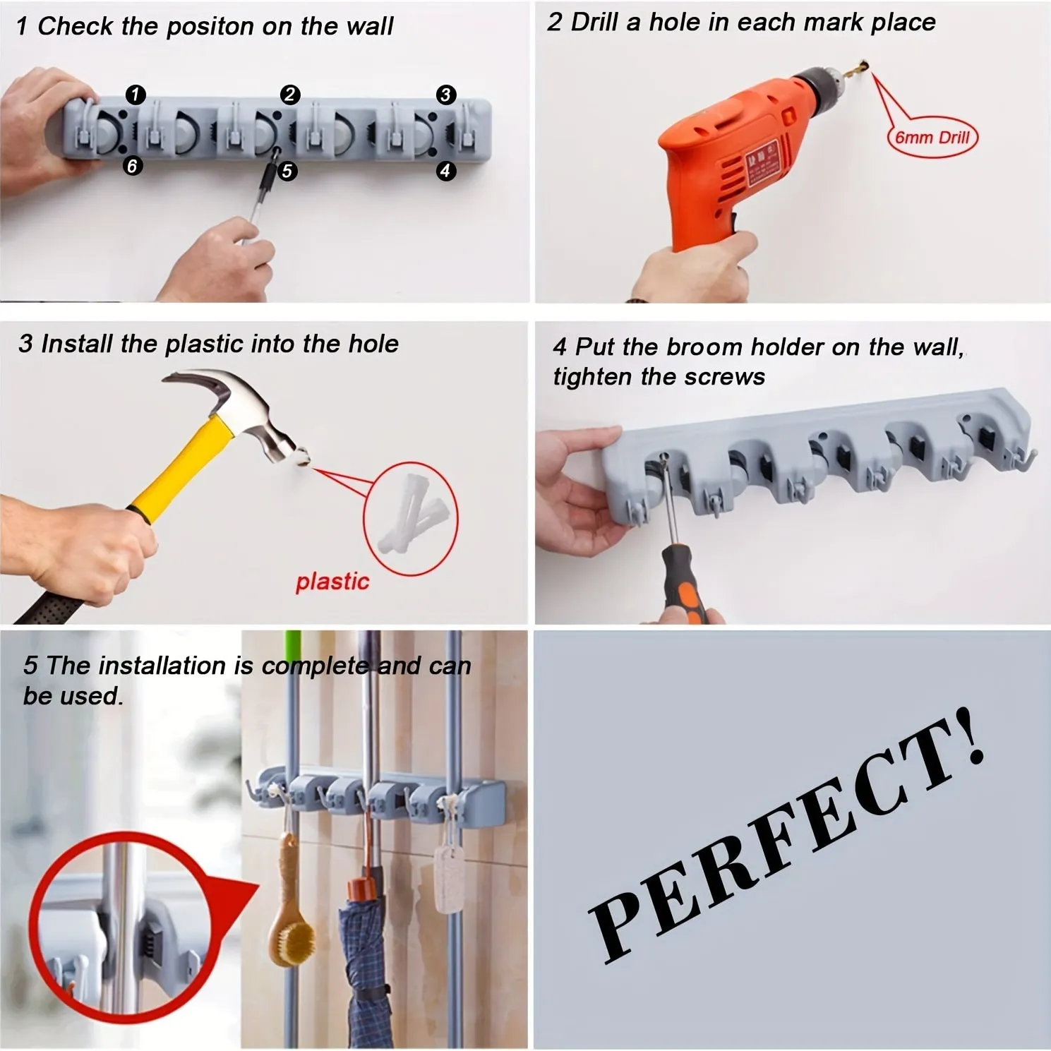 Efficient WallMounted Broom Holder  Organizer with Hooks Black