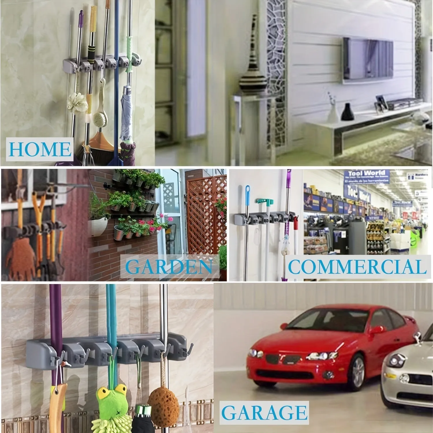 Efficient WallMounted Broom Holder  Organizer with Hooks Black