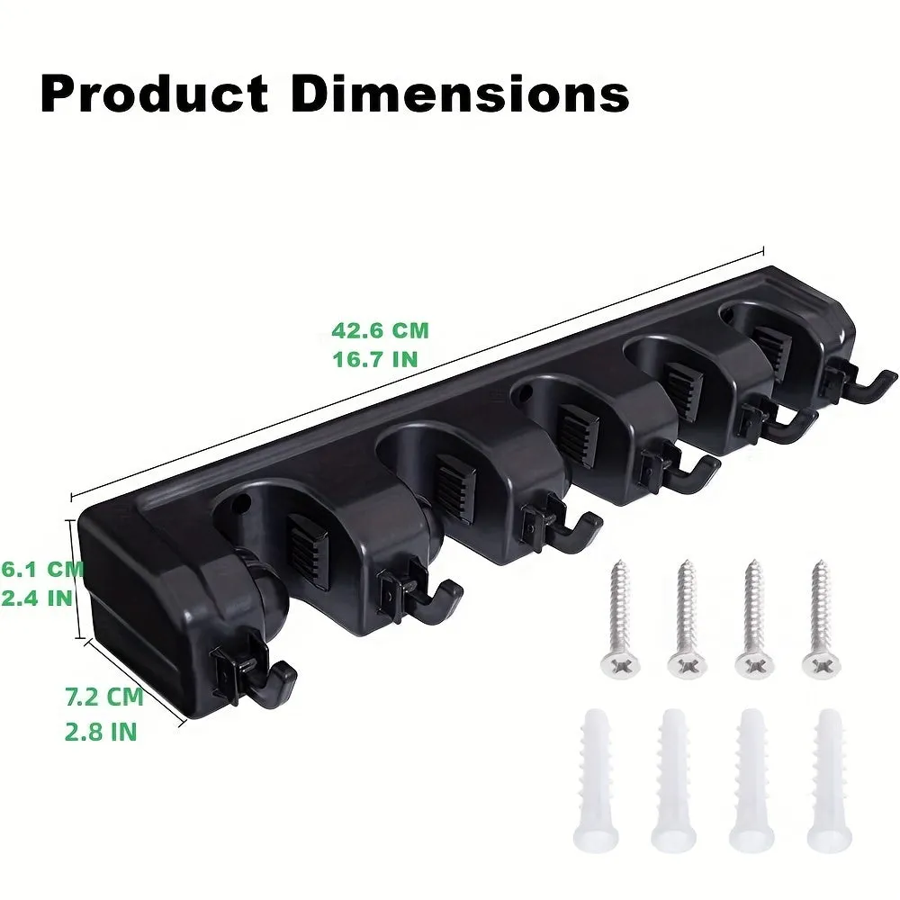 Efficient WallMounted Broom Holder  Organizer with Hooks Black