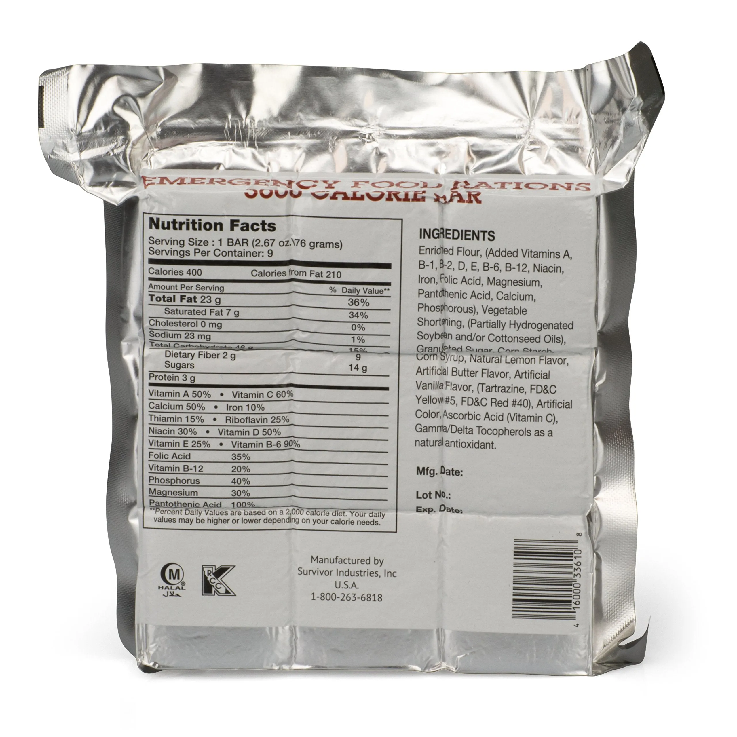 Grizzly Gear Emergency Food Rations - 3600 Calorie Bar - 3 Day Supply - 9 bars