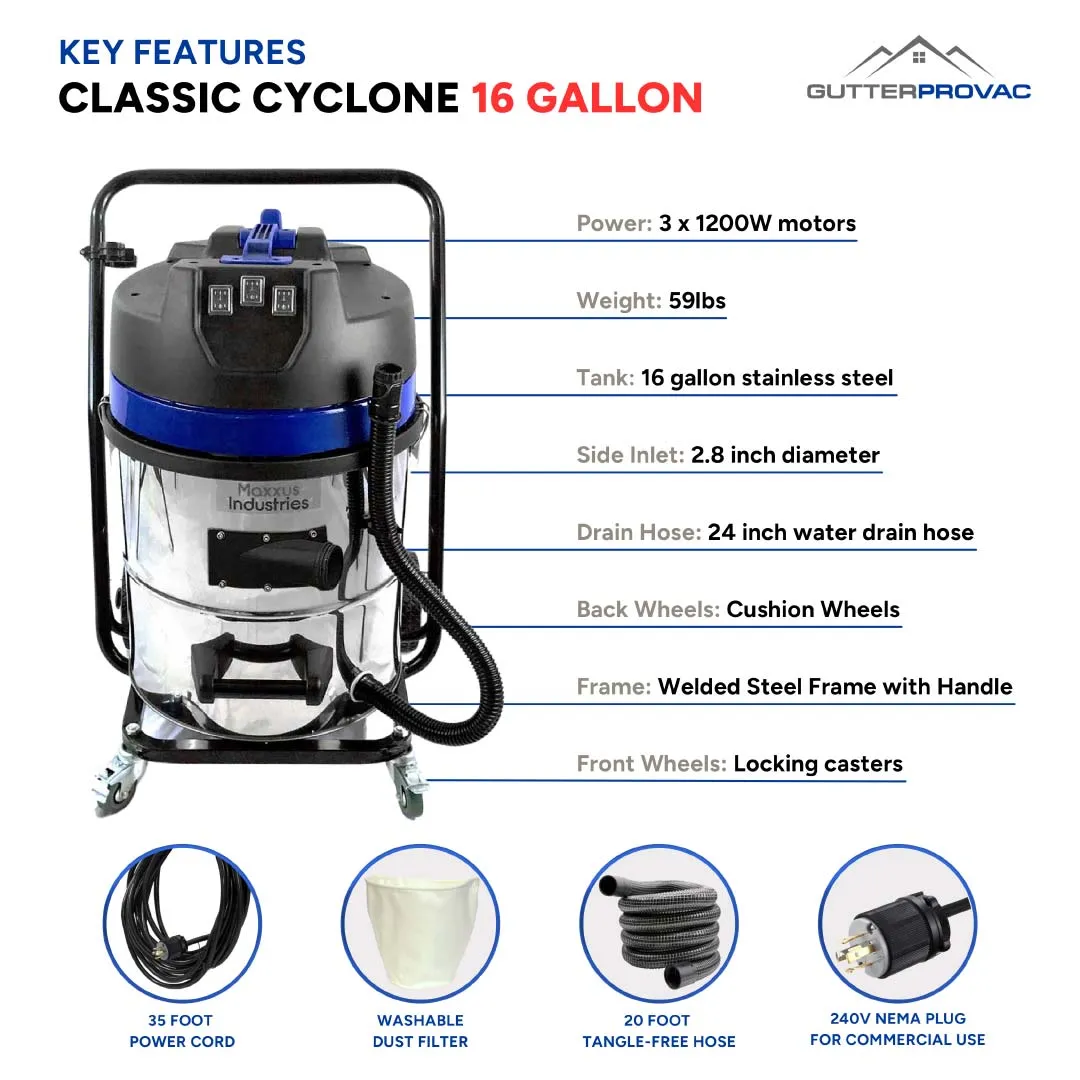 Gutter Vacuum Kit with 16 Gallon Classic Cyclone Vacuum, 20 Foot Carbon Clamping Gutter Poles, Pole Carry Bag and 25 Foot Vacuum Hose