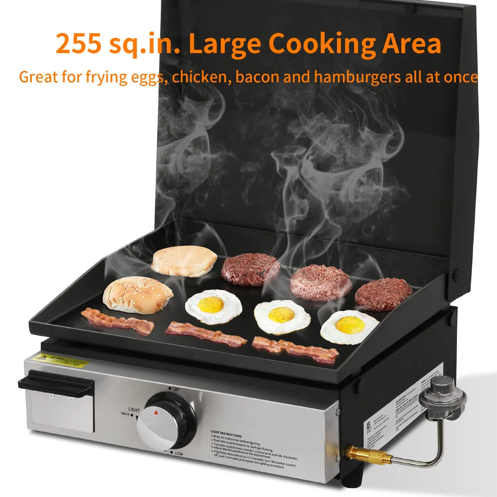 Hykolity 17 inch Tabletop Griddle with Hood, 12,000 BTU Heavy Duty Portable Propane Gas Griddle, Non-Stick Stainless Steel Flat Top Griddle for Outdoor, Cooking, Camping, Tailgating