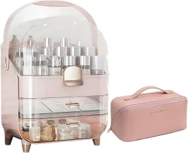 IUI Make up Organizer, 2 Drawer Make up Organizers for Vanity, DustProof Skincare Organizers with Lid, Large Cosmetic Display Cases for Vanity, Bathroom, Countertop, Gifts for Women Girls, Pink