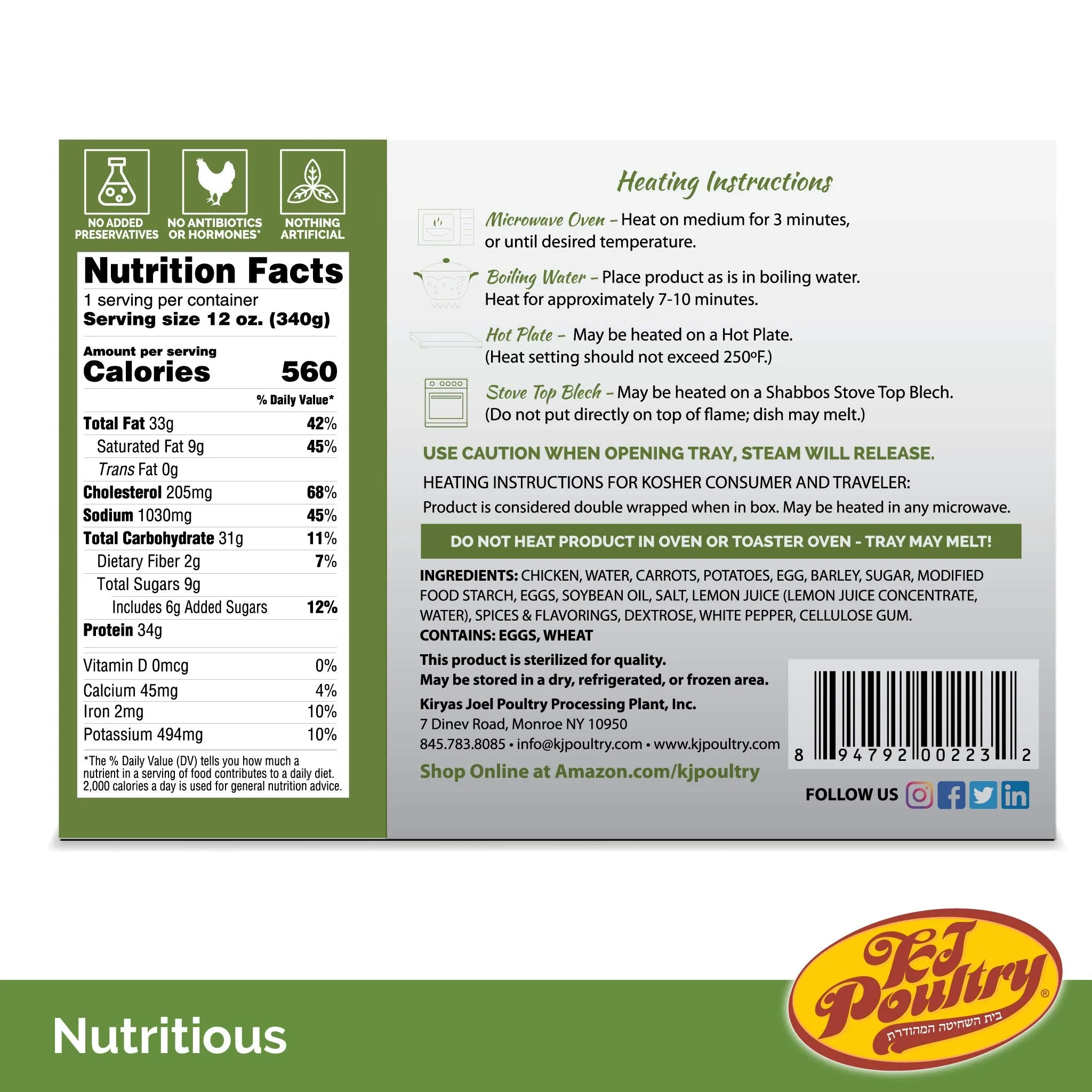 KJ Poultry Kosher MRE Meat Meals Ready to Eat, Bone In Chicken and Kugel - 3 Pack