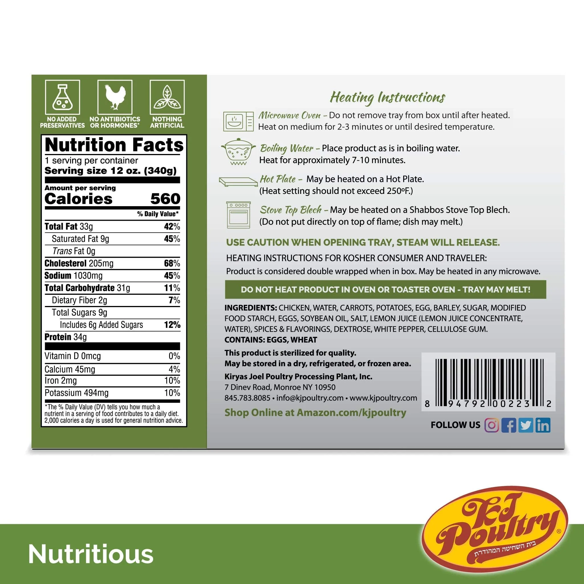 KJ Poultry Kosher MRE Meat Meals Ready to Eat, Bone In Chicken and Kugel - 3 Pack