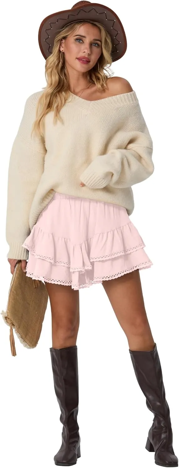Lepunuo Boho Shorts for Women High Waisted Ruffle Tiered Flowy Skirts with Shorts Underneath Western Outfits Skorts