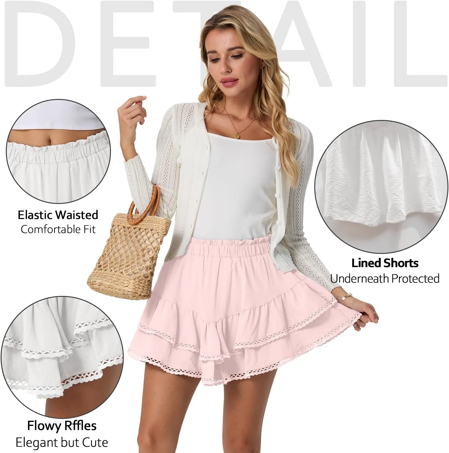 Lepunuo Boho Shorts for Women High Waisted Ruffle Tiered Flowy Skirts with Shorts Underneath Western Outfits Skorts
