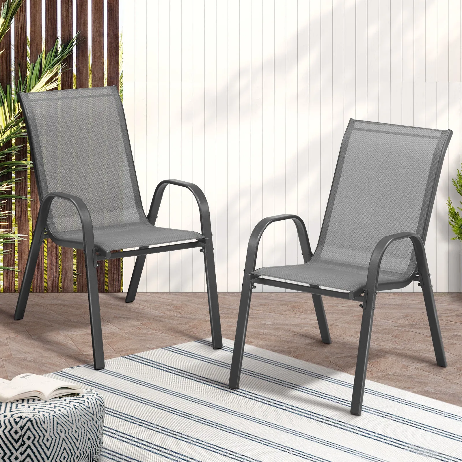 Livsip 2x Outdoor Stackable Chairs Patio Furniture Lounge Chair Bistro Set Grey