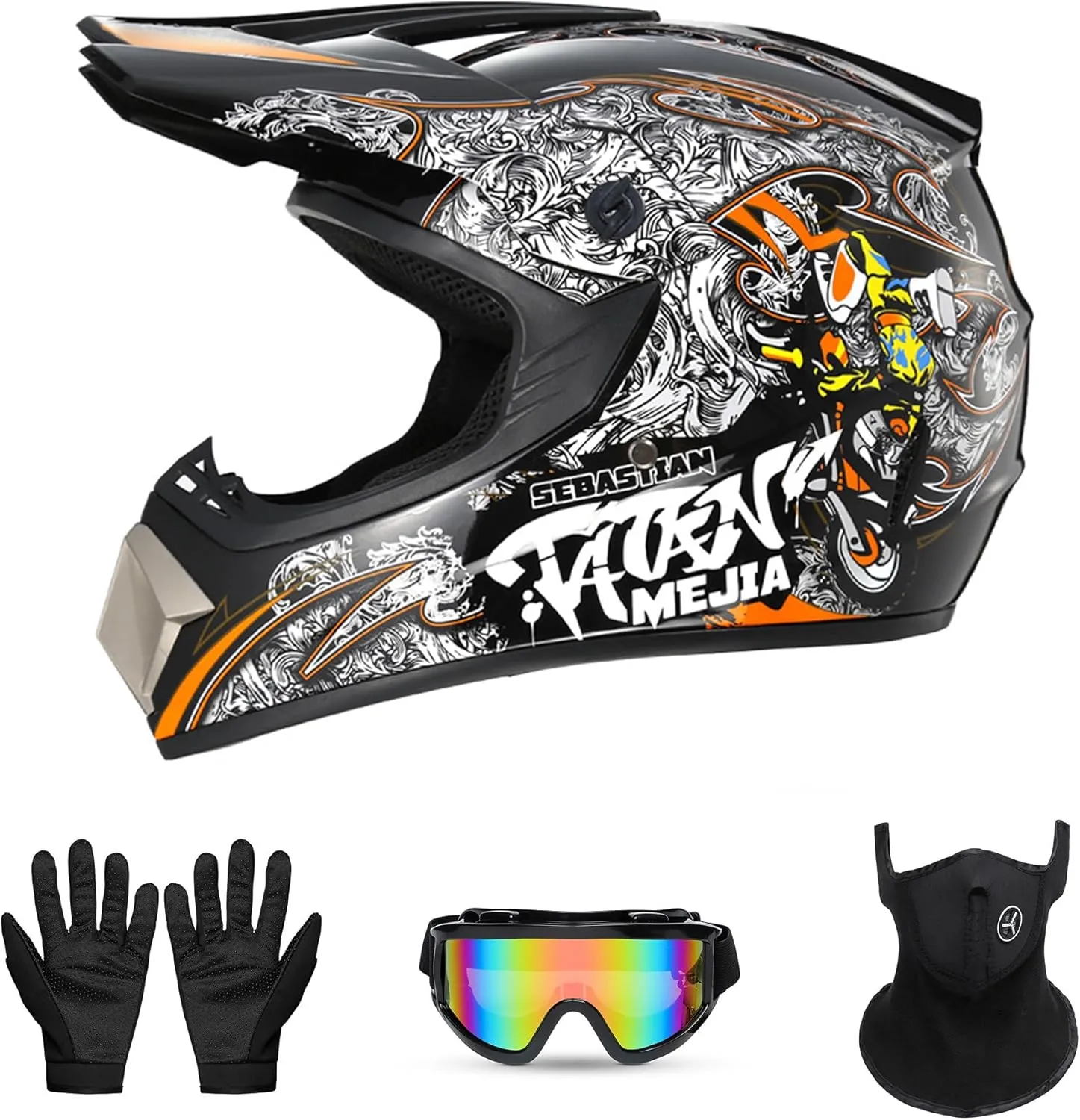 Motorcross Helmet, Off-Road Dirt Bike Helmet, ATV Helmet, Youth Motorcycle Helmet, Unisex Full-face Helmet, Comfortable and Lightweight, FMVSS-218 Safety Certified,4 Piece Set