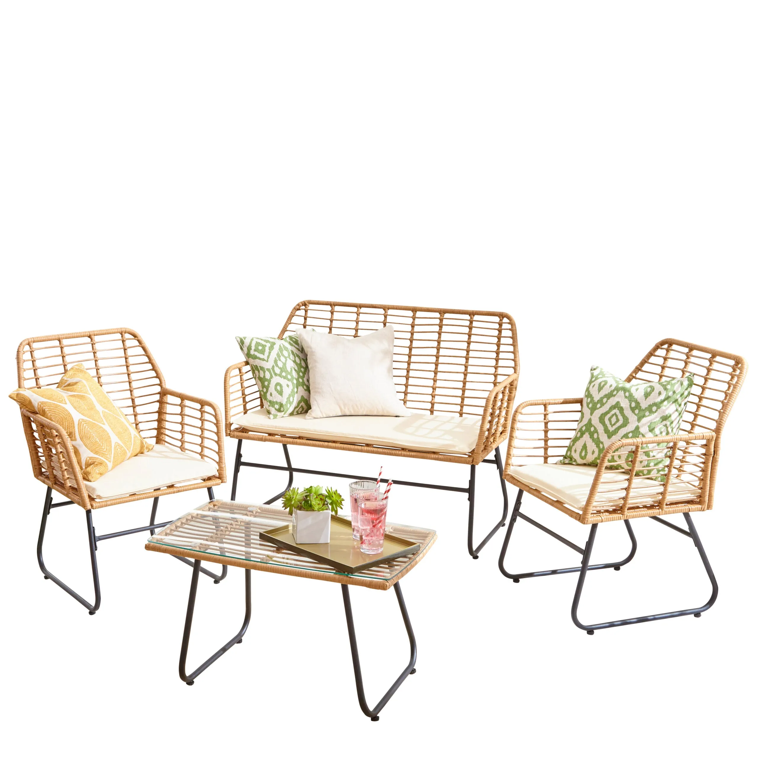 Neo 4 Piece Wicker Bamboo Style Garden Sofa, Table & Chairs Set