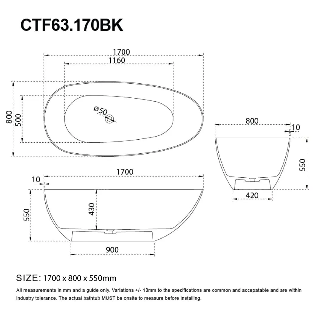 Noir 1700mm Carbon Fiber Free Standing Bathtub Egg Shape Black Ex-display
