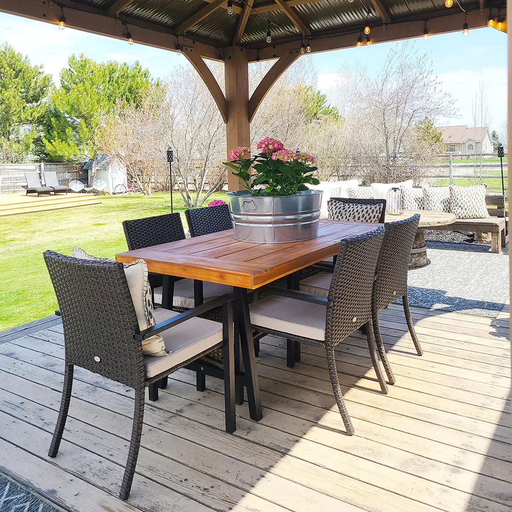 PHI VILLA 7-Piece Outdoor Dining Set with 6 Rattan Chairs & Acacia Wooden Table