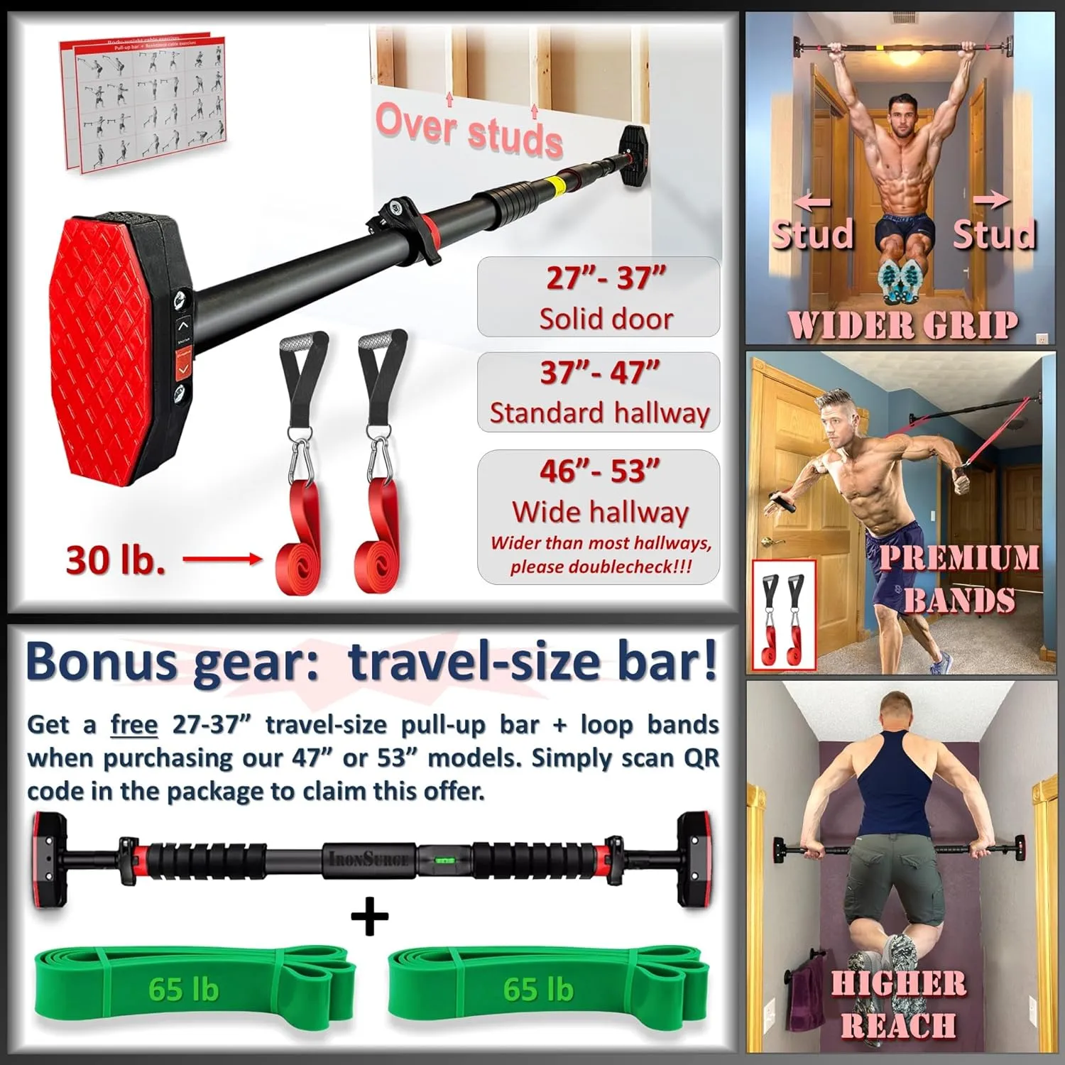 Pull Up Bar for Hallway or Doorway 6-piece Set with Two Attachable Resistance Bands/Handles, Training Manuals, No Screws Chin Up Bar, Max 680lbs, Width options: 27-37", 37-47"; 46-53"