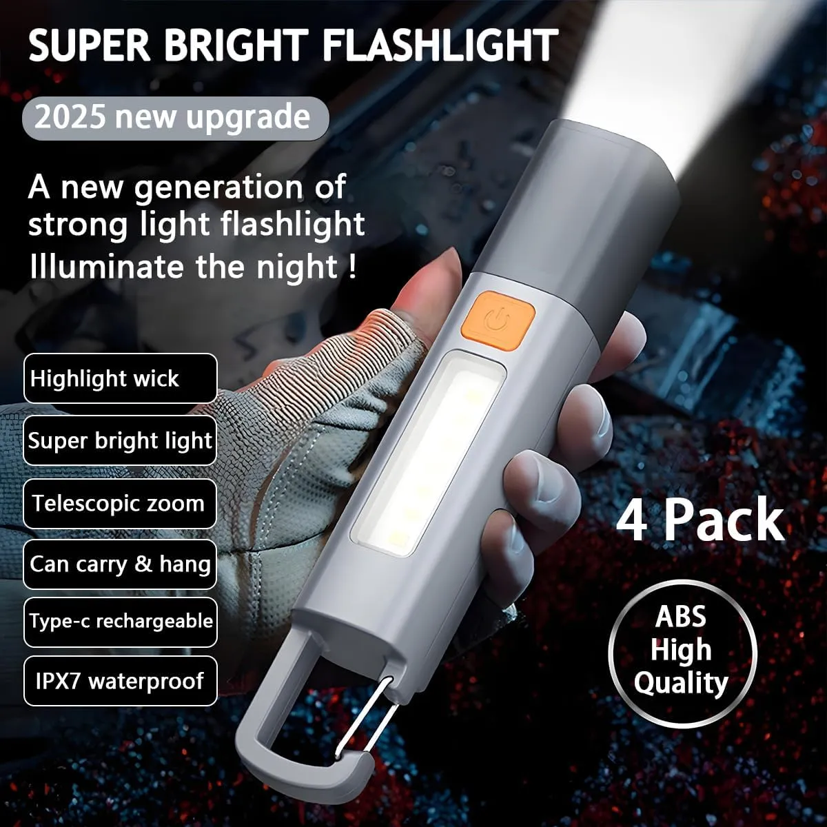 Rechargeable LED Flashlights High Lumens, 20,000 Lumens Super Bright Flashlight with USB Cable and Hook, 3 Modes, Waterproof Flash Light Handheld Powerful Flashlight for Home Camping - 4 Pack
