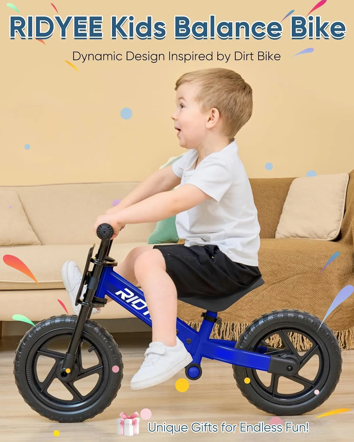 Toddler Balance Bike 2 Year Old, Kids Balance Bike for 2 to 5 Year with Tool-Free Adjustment, Limited Steering, Footrest, Custom Name Plate with Stickers, Gift Bike for 2-3 Boys